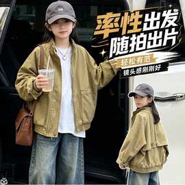 女童百搭款韩范立领工装风短外套女宽松百搭大口袋夹克上衣休闲棉