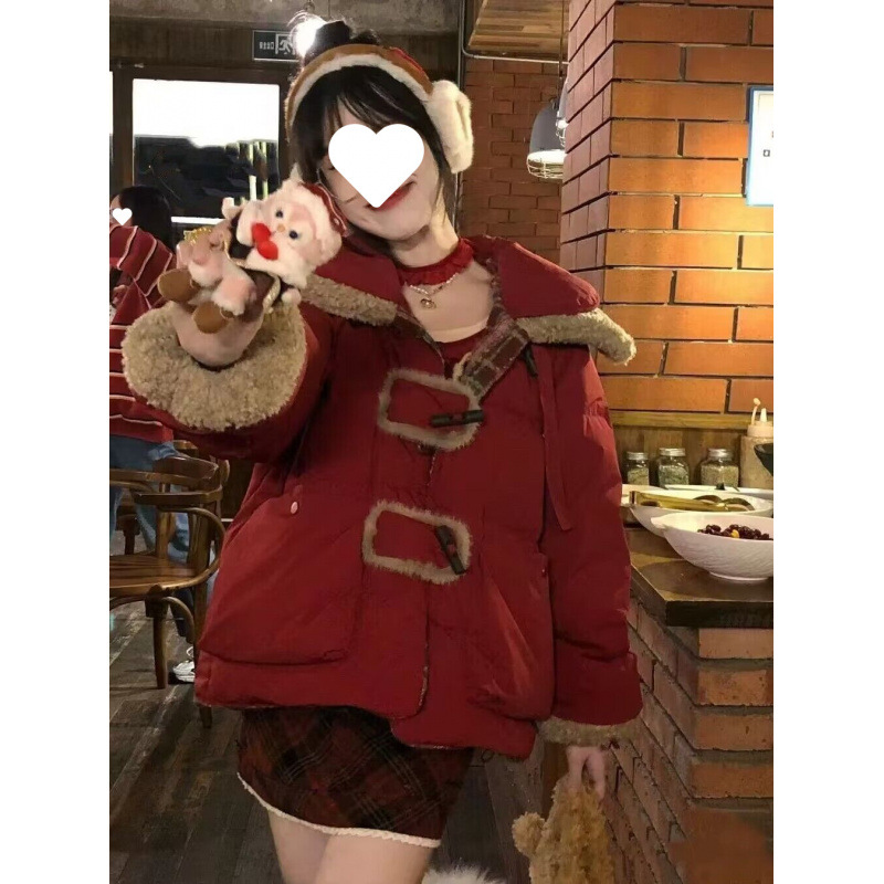 复古酒红牛角扣双面穿加厚棉衣女冬季新款圣诞新年格子保暖厚外套
