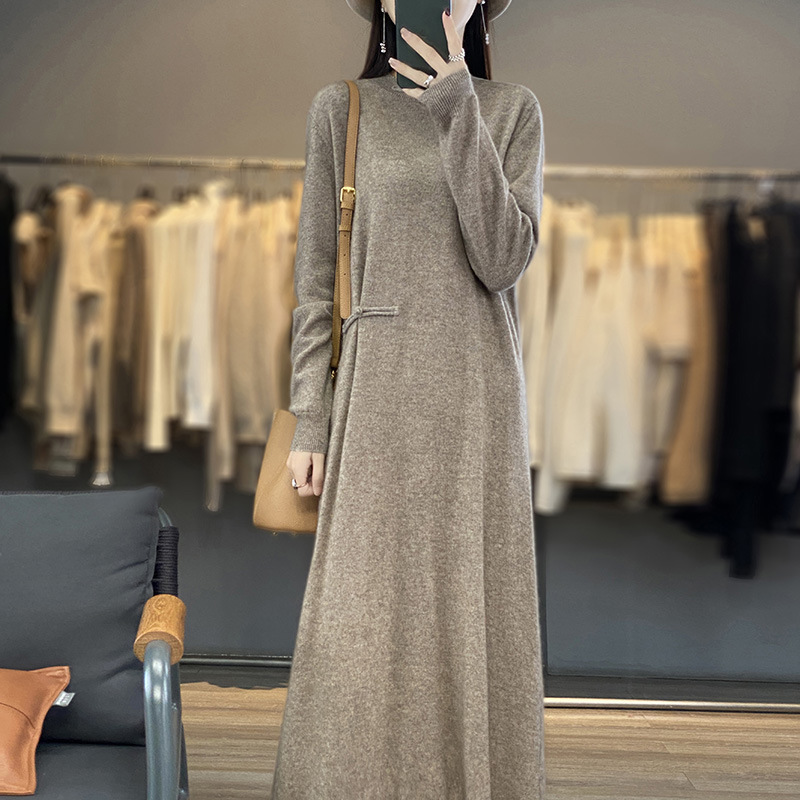 100% Pure Wool 2026 Autumn and Winter New Women's Clothing with Stand Collar, Chinese Knot Buttons, and Over-The-Knee Extended Knit Dress 100% Pure Wool 2026 Autumn and Winter New Women's Clothing with Stand Collar, Chinese Knot Buttons, and Over-The-Knee Extended Knit Dress
