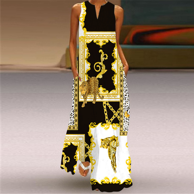 2026 New Summer Women's Sleeveless Long Dress V-Neck Printed Retro Dress European and American Cross-Border Foreign Trade Women's Clothing