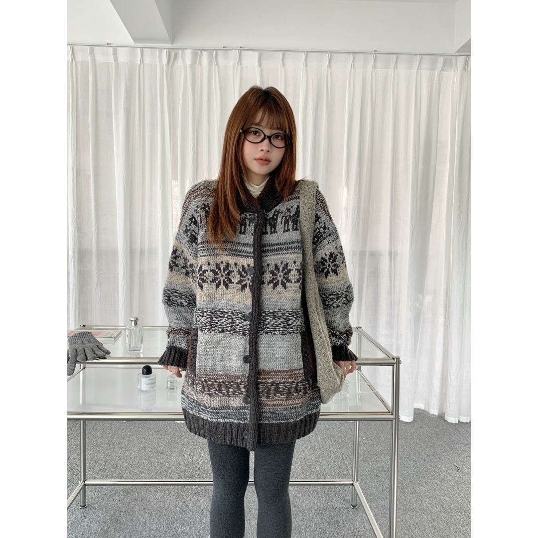 Gagd Fair Isle Sweater Cardigan Jacket Women's Autumn and Winter New Round Neck Loose Slim Thickened Jacquard Sweater
