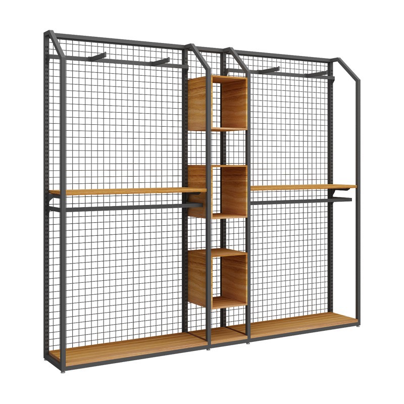Tienda de celebridades en línea tienda de ropa para hombres estante estilo industrial malla metálica tablero columna tienda de ropa estante de exhibición tipo de piso
