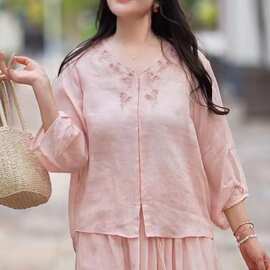 2026夏季新款新中式苎麻刺绣衬衫女文艺时尚立领中袖宽松衬衣小衫