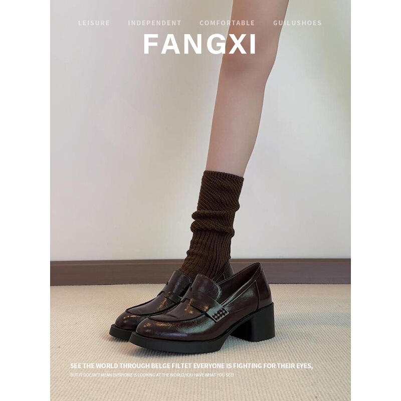 Washed Cowhide ~ British Style Retro Round-Toe Loafers, High-Heeled Small Leather Shoes, Women's Thick-Heeled Flats, One-Legged Women's Shoes