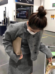 小个子香风灰色毛呢连衣裙女早秋季2025年新款高级穿搭一整套装裙