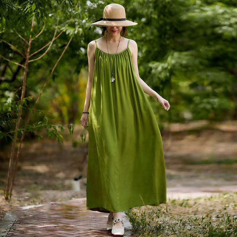 Solid Color Cotton Slip Dress, Knee-Length, 2025 Korean Style, New Vintage Artistic Slimming Flared Dress
