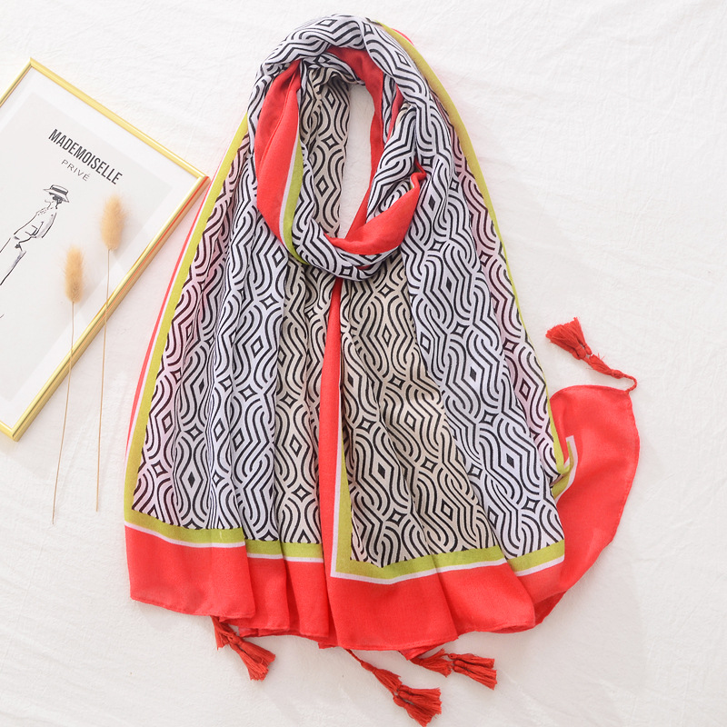 Amazon transfronterizo Primavera fina bufanda de seda de las mujeres del todo fósforo chal de viaje patrón geométrico cáñamo algodón y lino sensación bufanda