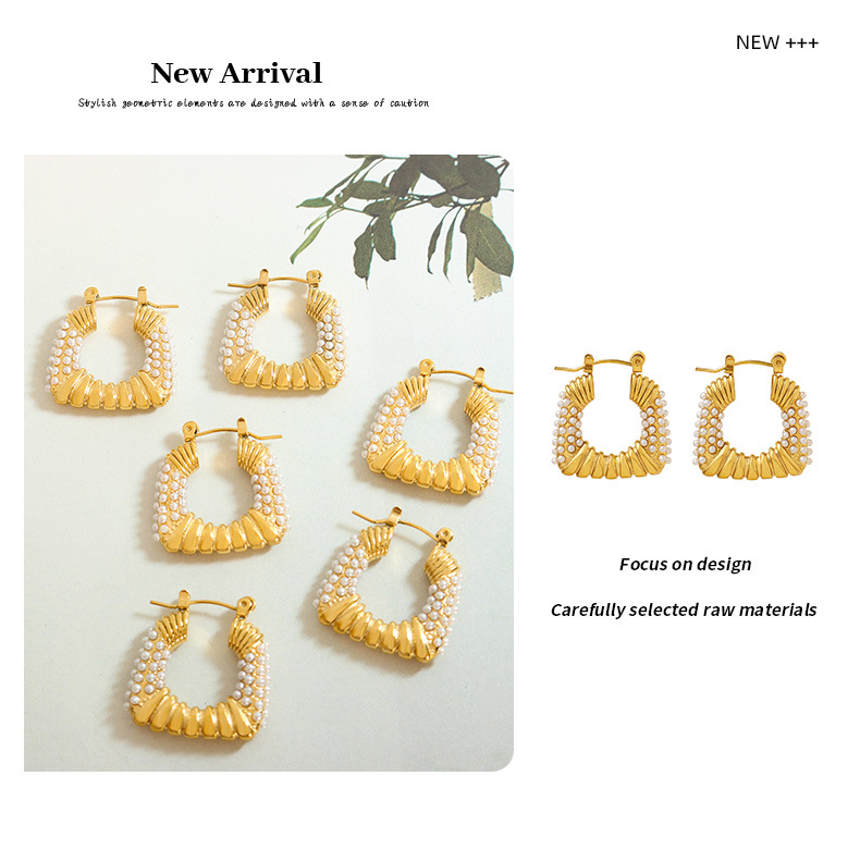 Retro U Shape Titanium Steel Inlay Artificial Pearls Earrings 1 Pair