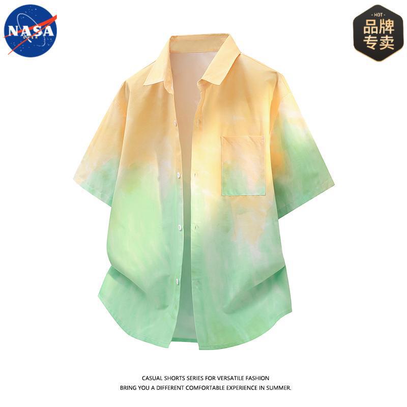 Nasa Brand High-Quality Tie-Dye Gradient Color Short-Sleeved Shirt for Men, Summer Fashion Trendy Loose and Versatile Shirt