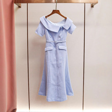 SP家早秋新款洋气法式优雅长裙小香风翻领一字肩收腰荷叶边连衣裙