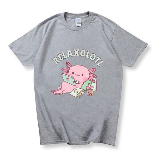 Summer Axolotl Boba Milk Tea T-Shirt for Men and Women, Casual Sports T-Shirt, Couple's Cotton Short Sleeve