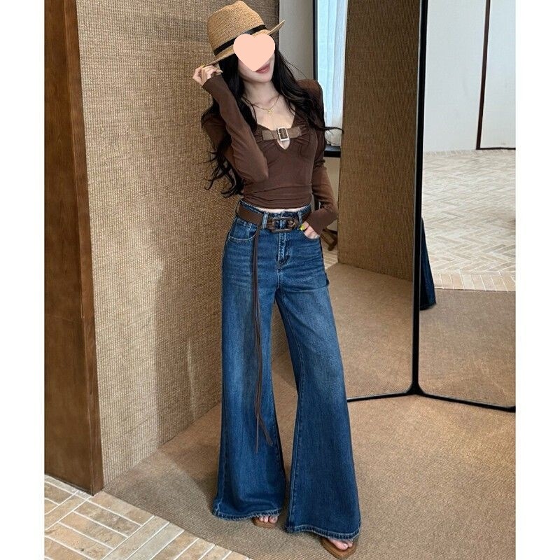 Petite Vintage Non-Tight-Fitting Stretch Jeans 2025 Autumn/Winter New High-Waisted Loose Slimming Floor-Length Flared Pants