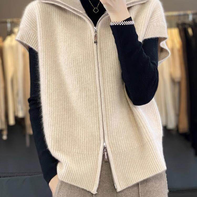 2026 New Autumn and Winter High-Neck Youthful Knitwear for Women, Elegant and Slimming Double-Zip Cardigan Vest