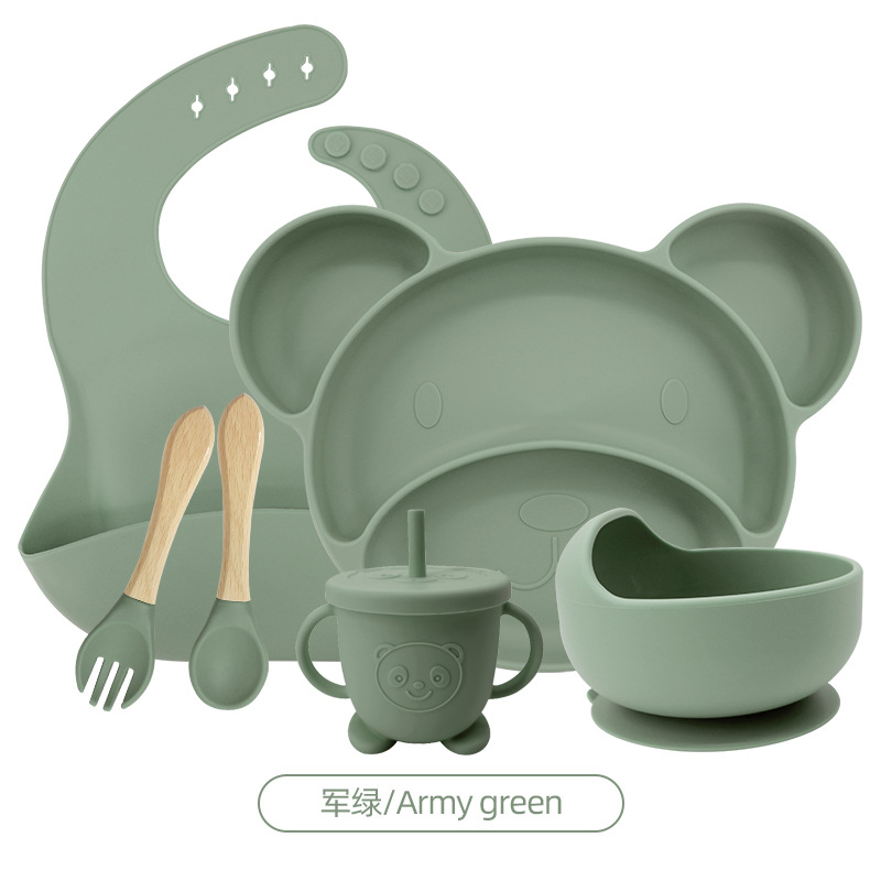 카키 6 피스 세트 (턱받이 + 작은 미키 플레이트 + 그릇 + 나무 포크 스푼 + 곰 짚 컵)
