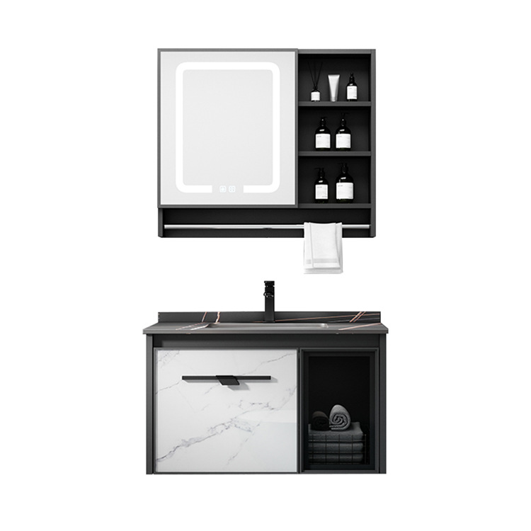 Aluminio del espacio pequeño apartamento baño gabinete combinación cerámica integrado Lavado de Manos cara roca placa lavabo espejo inteligente gabinete