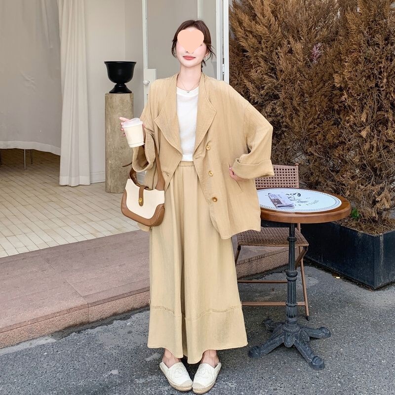 Khaki Gentle Loose-Fitting Lazy Style Blazer Two-Piece Set 2025 Autumn Casual Slimming Wide-Leg Pants Suit