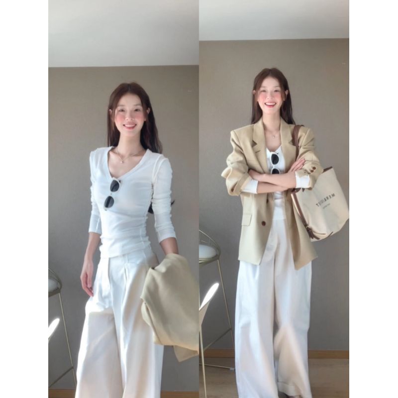 黄色V领打底衫长袖女秋冬修身上衣内搭可外穿秋衣冬季正肩紧身t恤|undefined
