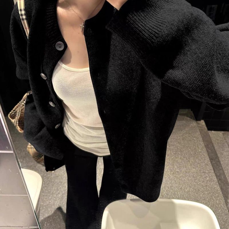 黑色针织开衫女秋季宽松慵懒风休闲感春秋外搭毛衣外套上衣冬|undefined