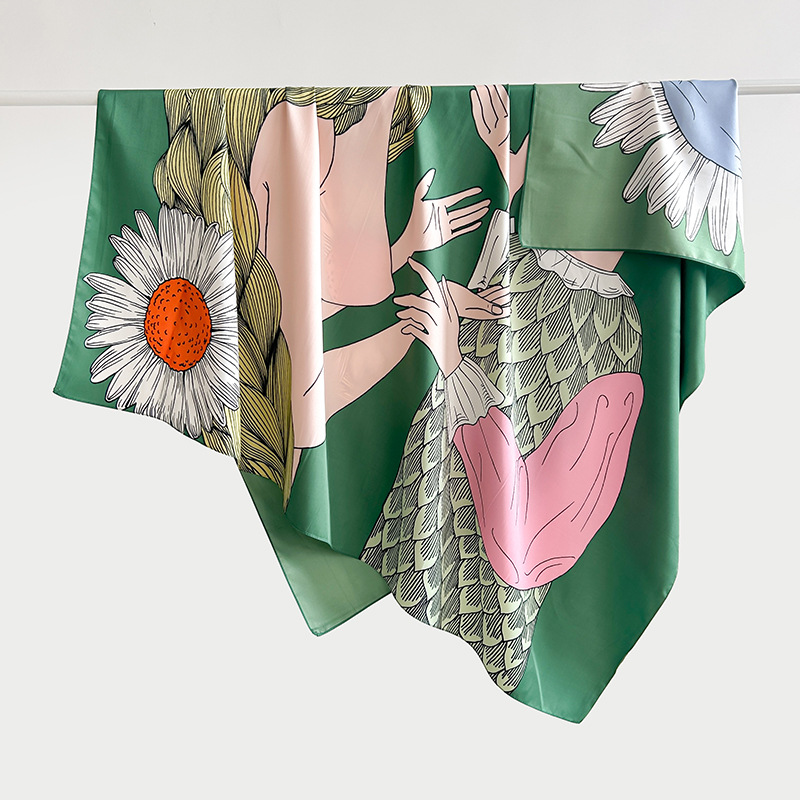 Tendencia japonesa y coreana, bufanda cuadrada grande con estampado de nicho, estilo INS, sentido de diseño simple, temperamento de moda para mujer, mantón de sarga 130