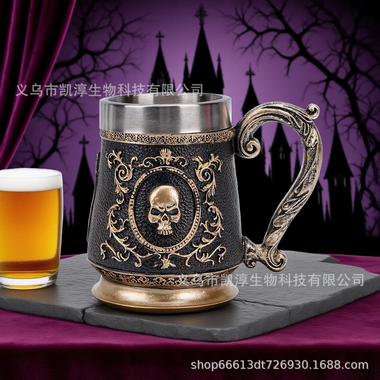 跨境亚马逊骷髅头水杯复古大容量马克杯树脂过工艺品摆件圣诞树