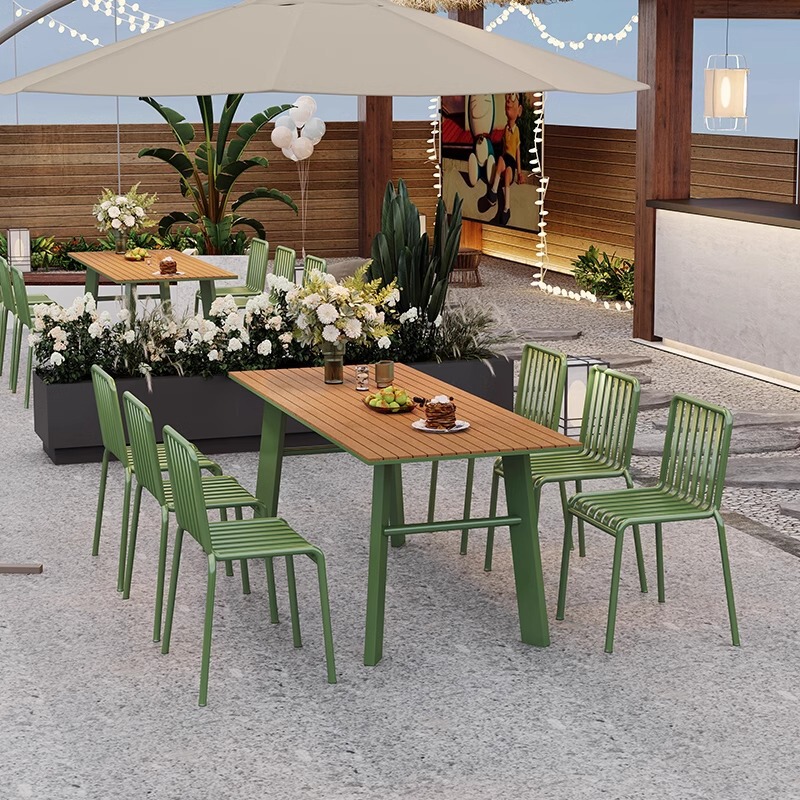 Outdoor Dining Table and Chair Combination Milk Tea Shop Outdoor Internet Red Cafe Plastic Wood Waterproof Sunscreen Iron Open-air Negotiation Table Outdoor Dining Table and Chair Combination Milk Tea Shop Outdoor Internet Red Cafe Plastic Wood Waterproof Sunscreen Iron Open-air Negotiation Table