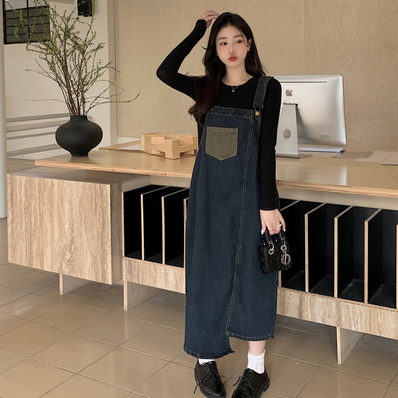 Ropa de embarazo de otoño 2025 nuevo estilo coreano de moda vaquero vestido de cinturón negro de dos piezas vestido de embarazo