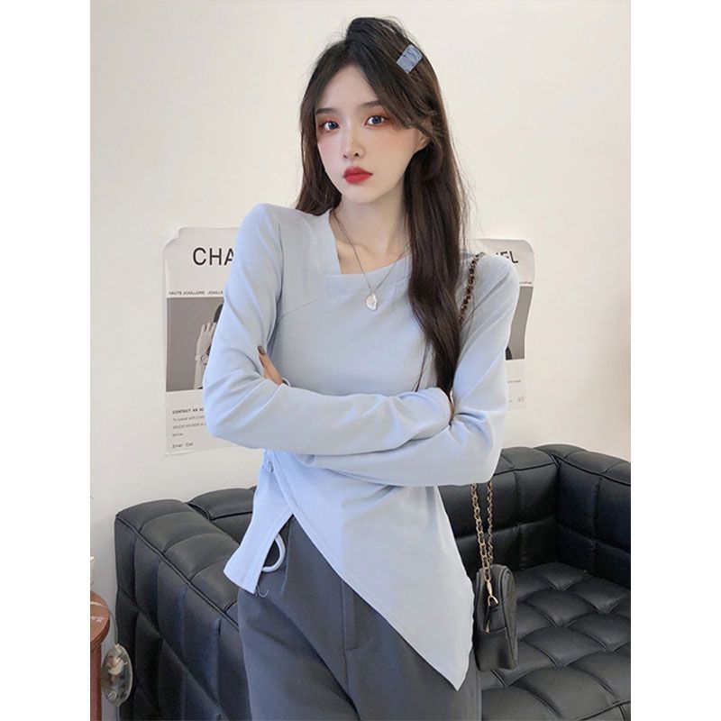 纯欲辣妹不规则抽绳长袖T恤女设计感小众修身打底衫内搭别致上衣|undefined