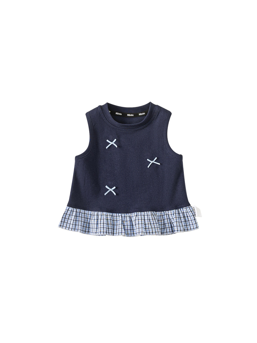 Youbao ropa para niños nuevos productos de verano cuello redondo para niños tops coreanos para niñas a cuadros ropa de patchwork chaleco con lazo