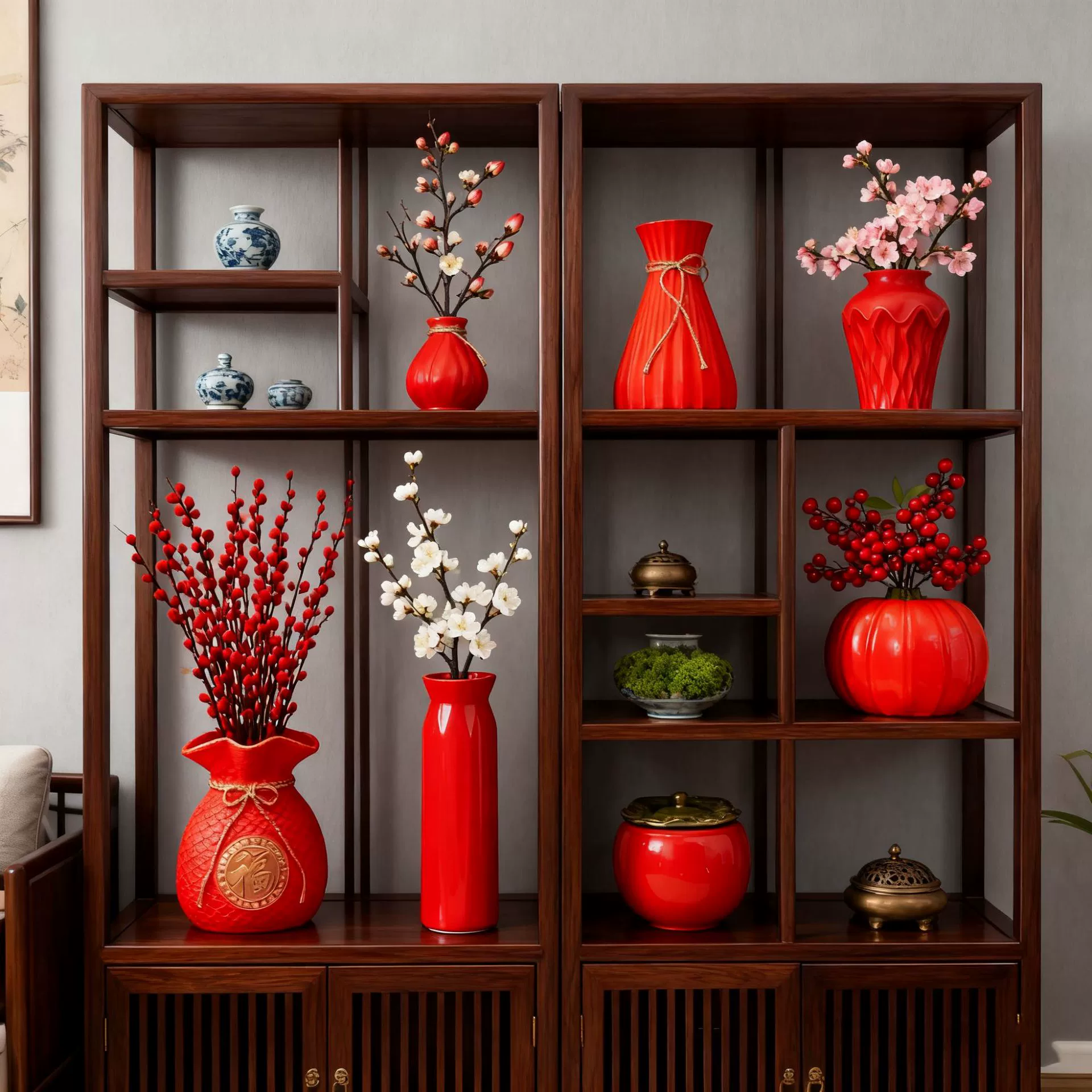 Новогодняя красная ваза, роскошная цветочная композиция, украшение для свадьбы, праздничная красная ваза, декор для гостиной, настольная ваза