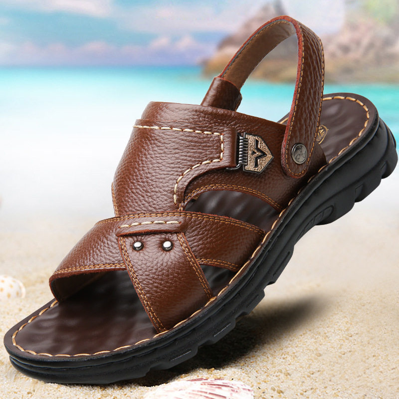 Dép sandal nam da bò lớp đầu hở ngón quai hậu thoáng khí — 10498 màu đen, Màu nâu 10498