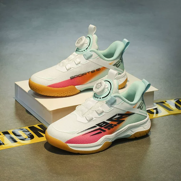 Children's badminton training shoes with rotating buckle, no laces, breathable mesh, and non-slip rubber soles, suitable for both boys and girls
