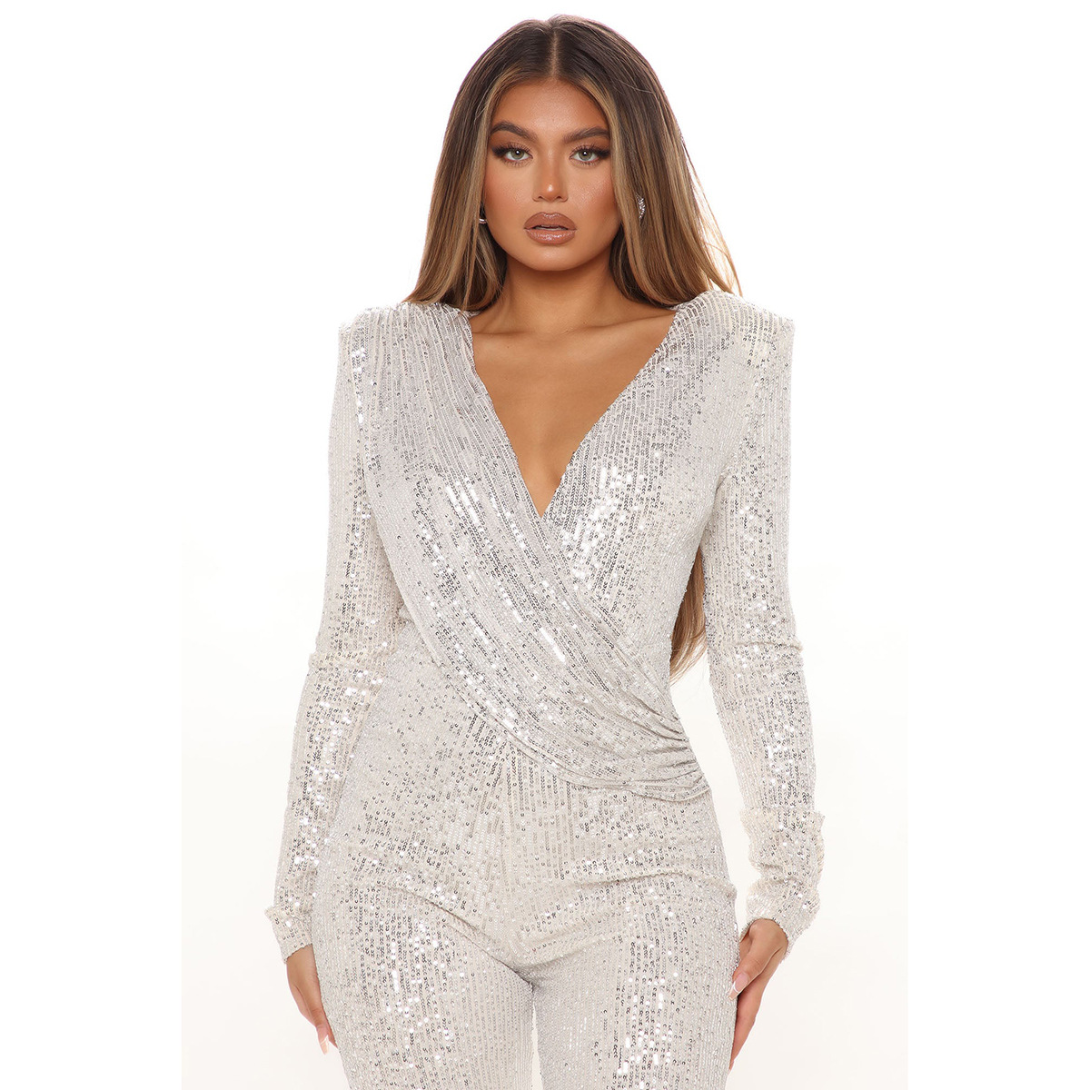 Women's Clothing autumn new women's clothing sequin jumpsuit sequin sexy deep V neck jumpsuit_voghion.com