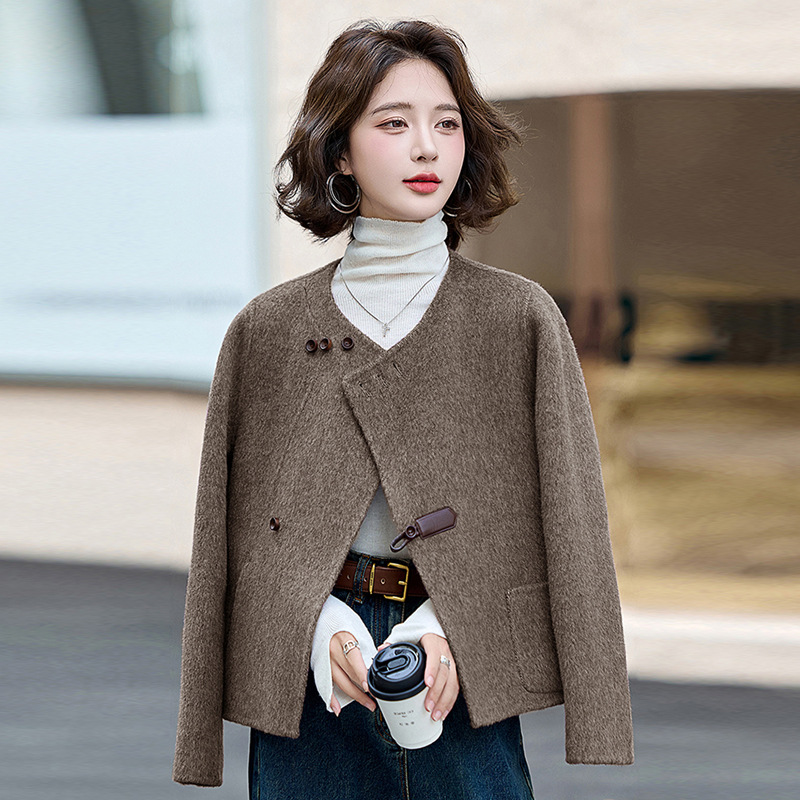 Korean Style Small Fragrant Jacket for Women 2025 Winter New Style Small Double-Sided Wool Outwear Purple Woolen Short Top