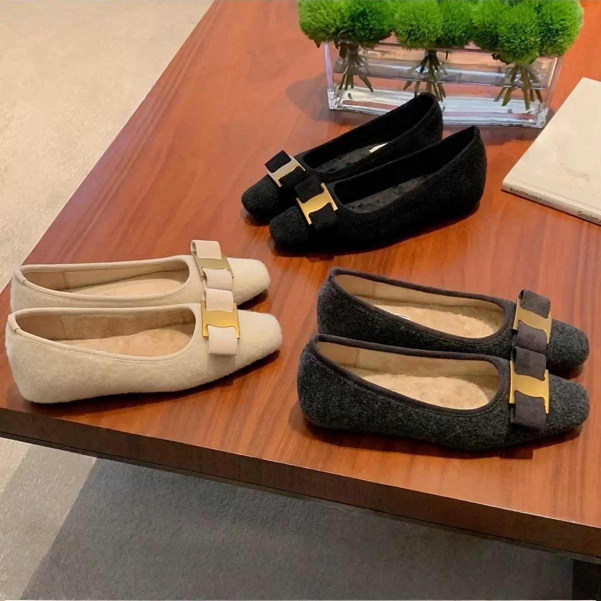 羊毛版同款蝴蝶结金属扣内增高单鞋女方头绒里毛呢玛丽珍鞋加绒