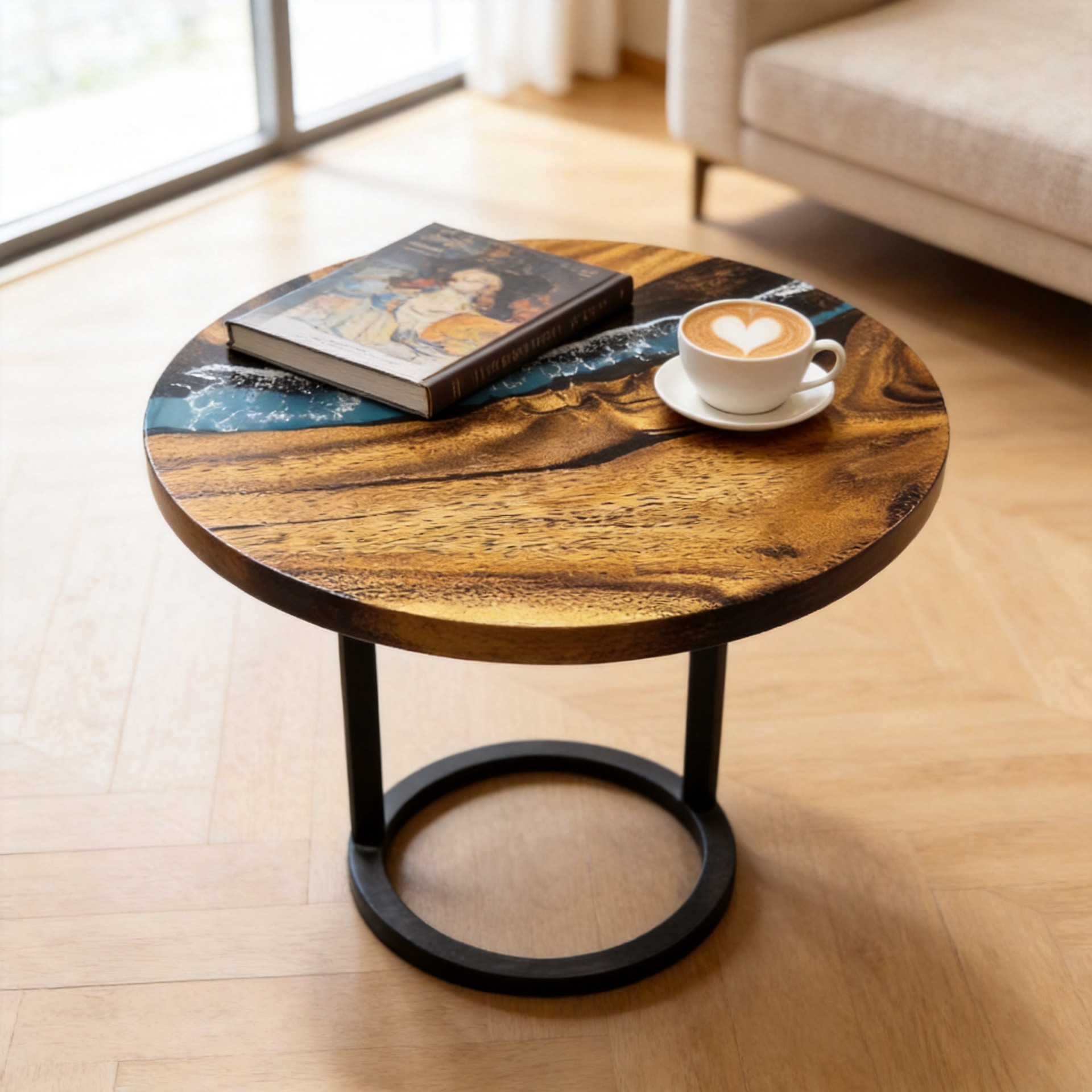 European-style solid wood resin coffee table, round household resin solid wood small coffee table, blue combination style small round table