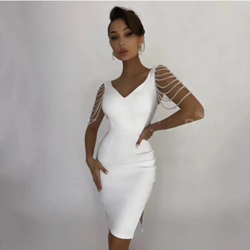 European and American cross-border in stock sexy women's elegant V-neck slit nail beads heavy work bandage dress evening dress