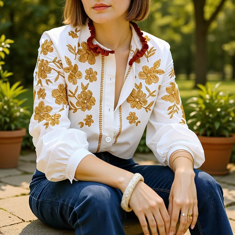 French Retro Embroidered Shirt for Women, Long-Sleeved Spring and Summer New Style, Light Luxury, High-End Satin Lace Patchwork Top French Retro Embroidered Shirt for Women, Long-Sleeved Spring and Summer New Style, Light Luxury, High-End Satin Lace Patchwork Top