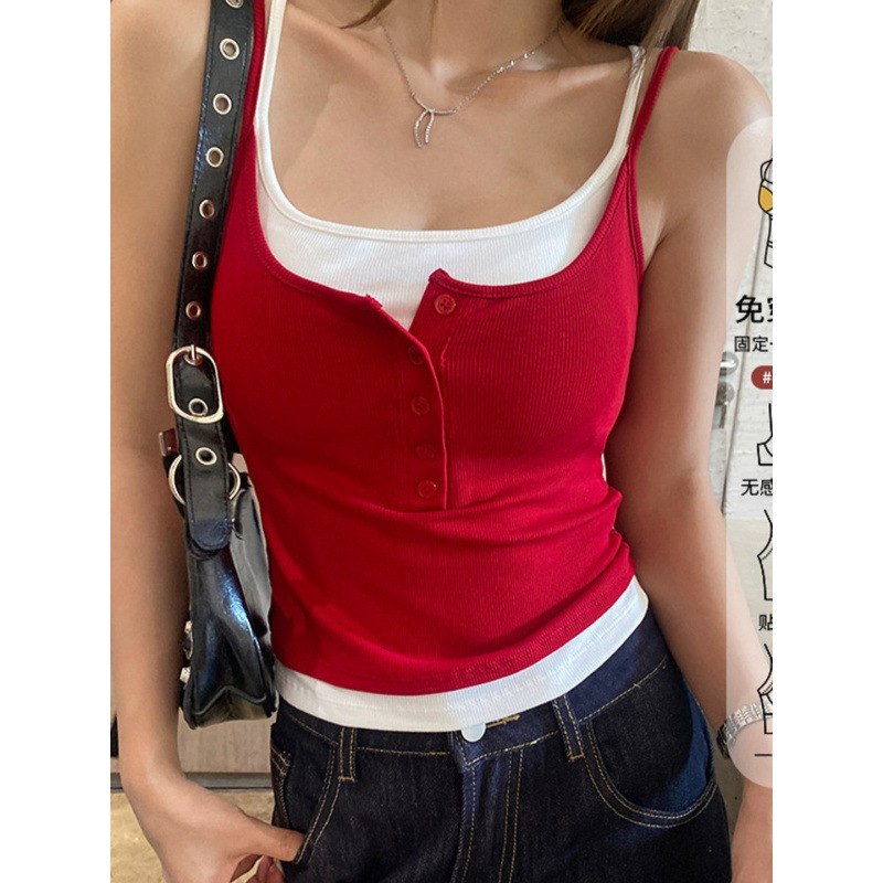 Red Camisole with Breast Pads for Women in Autumn and Winter Brushed New Fake Two-Piece Inner and Outer Bottoming Sleeveless Top