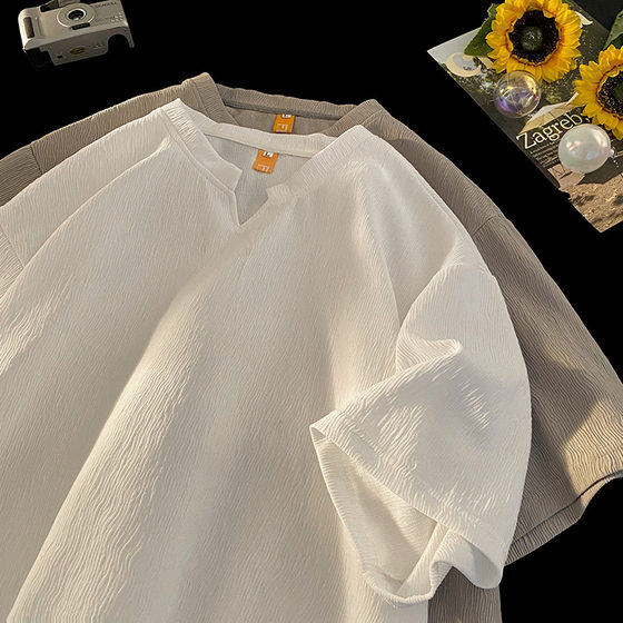 V-neck Ice Silk Short-sleeved T-shirt Men's Summer Loose Cool Men's Half-sleeved Clothes Trendy Brand Fashionable 2024 New T-shirt