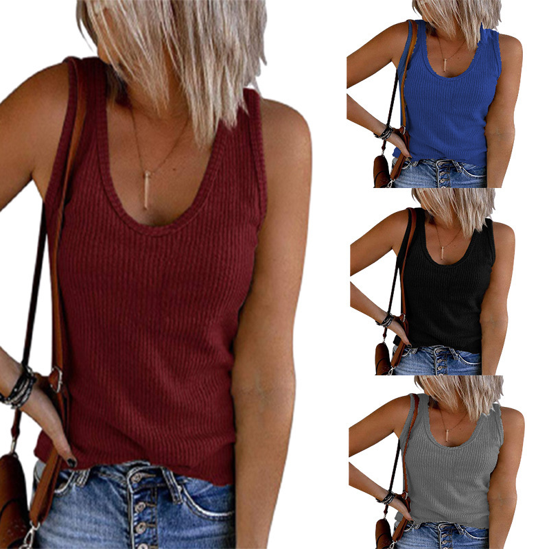 2026 Amazon Ebay Spring and Summer New Women's Vest U-Neck Sleeveless Ribbed Knitted Casual Vest T-Shirt for Women
