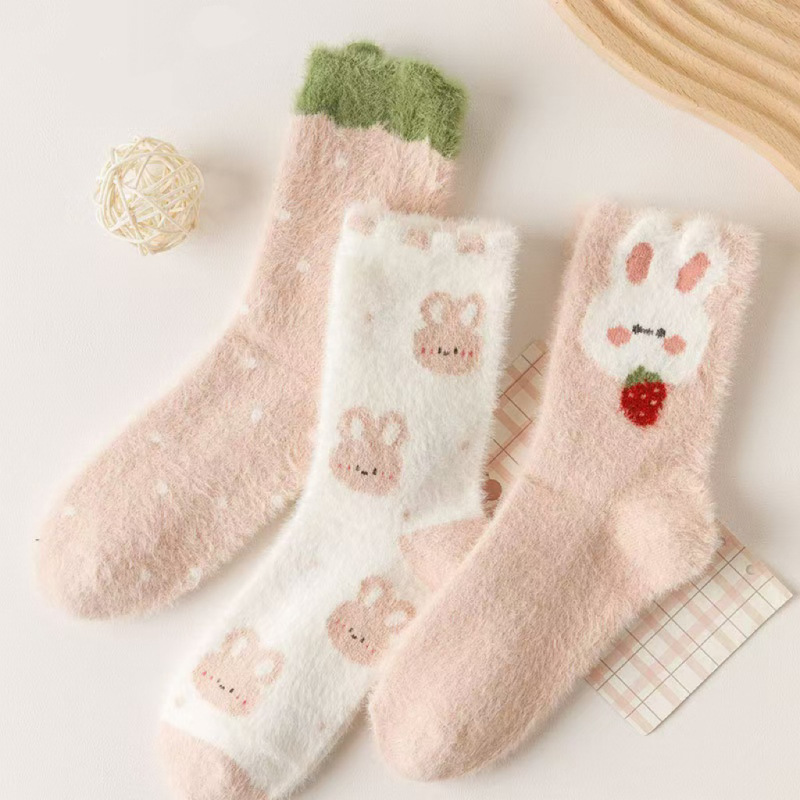 Socks women's cartoon cute rabbit socks mink velvet autumn and winter warm thick fleece-lined home floor socks tube socks