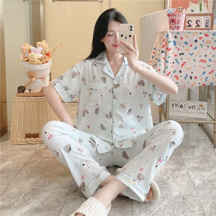 Pijamas transfronterizos al por mayor para mujer nube algodón otoño verano rebeca solapa pantalones de manga corta traje de servicio a domicilio simple y cómodo