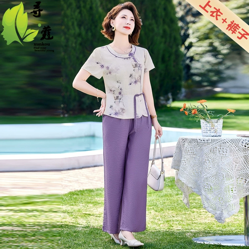 Средний и пожилой женский костюм иностранного стиля Летний тонкий костюм мамы женский мода среднего возраста одежда 40-60 лет набор из двух частей