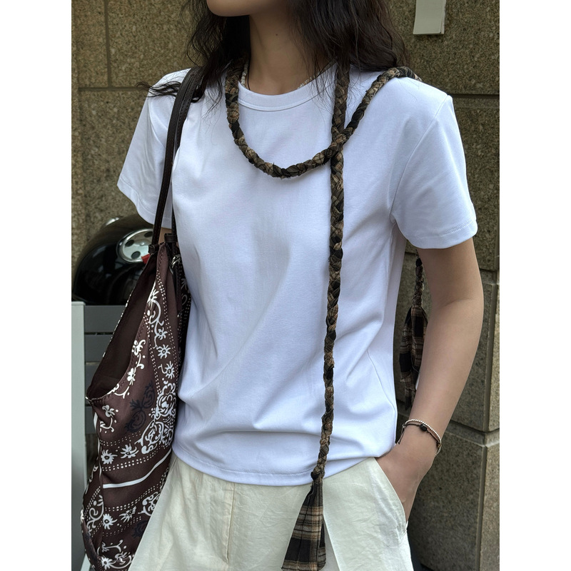 Louvre Summer New Korean Style Ins Style Basic Pure Color Short T-Shirt Pearl Supima Cotton Skin-Friendly Top for Women