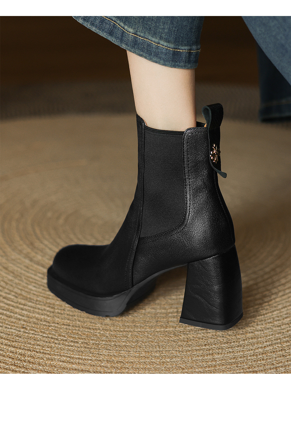 Boot Chelsea cổ ngắn mũi vuông da dê mềm, gót dày platform, phong cách cổ điển, dáng slip-on thu đông — nhung đen, Nhung nâu, Lớp lót đơn màu đen, Lớp lót đơn màu nâu chi tiết 9