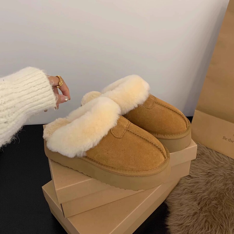 Thick-Soled Cotton Slippers for Women's Autumn and Winter Outer Wear 2025 New Style Slip-On Toe-Toe Furry Half Slippers Fleece-Lined Snow Boots