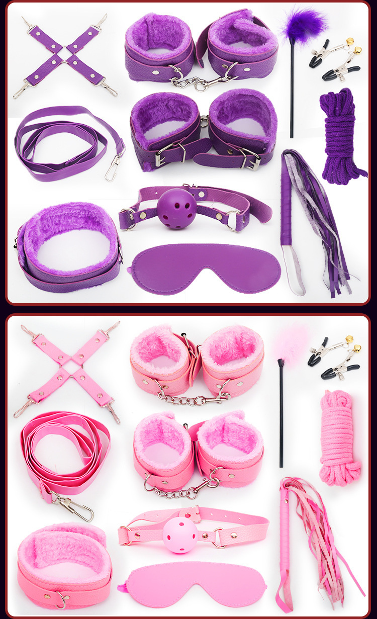 Leather Bondage Set 10-Piece with Plush Lining, Restraints and Whip, Black — detail image 14