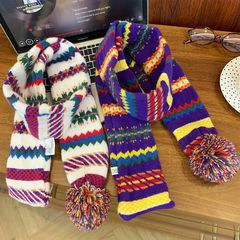 落池针织~复古费尔岛风毛球围巾女彩色条纹短款时髦秋冬保暖围脖