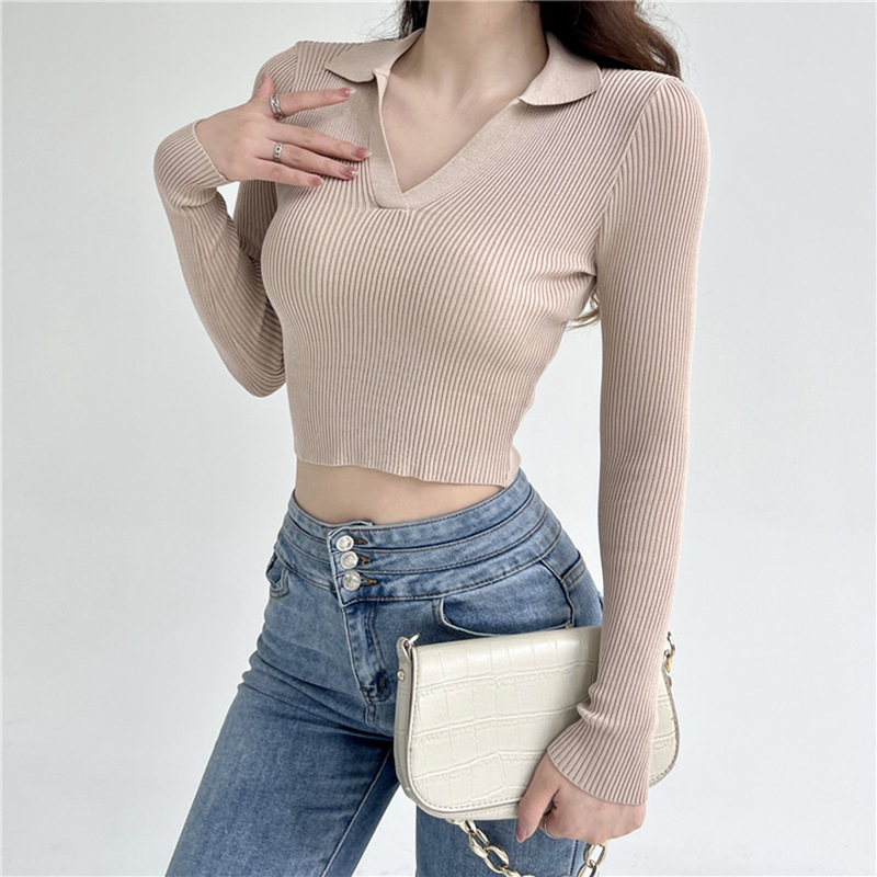 Foreign Trade Autumn European and American Style High-Waisted Slim-Fit Long-Sleeved Knit Top Women's Blouse Base Shirt, Bulk Purchase Preferred