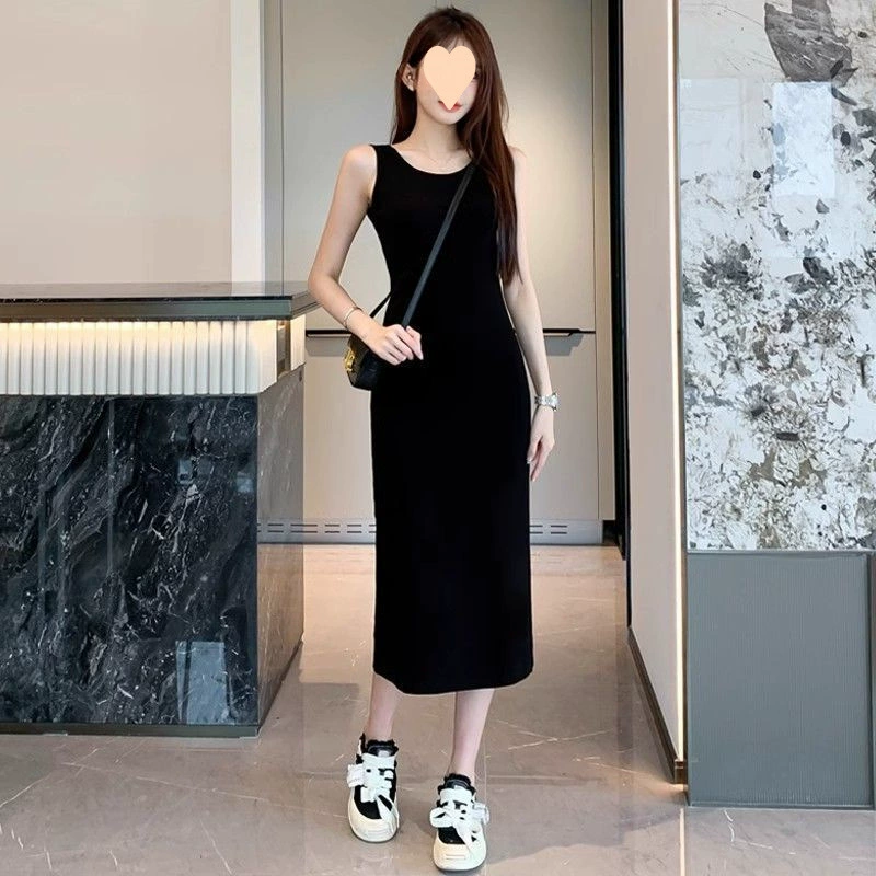 Черное платье-сарафан лето-весна 2025, новое, приталенное, с жилетом, скрывающее талию, элегантная длинная юбка